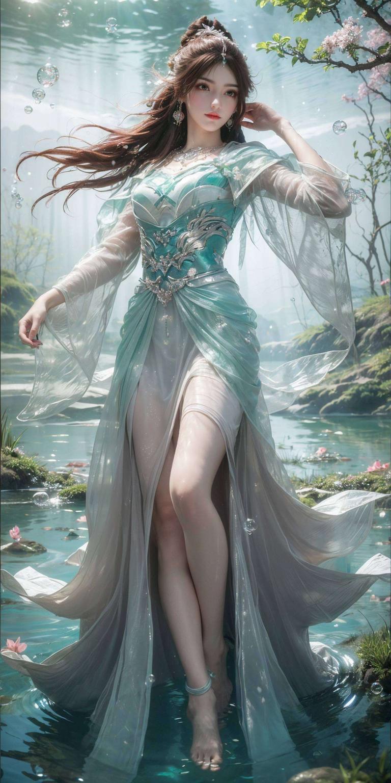 身着华美仙衣细腻的纹路、华丽的飘带